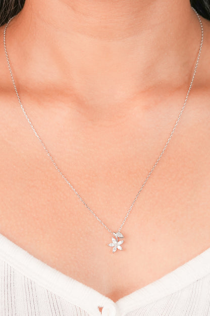 White Finish Zircon Snowflake Pendant Necklace In Sterling Silver