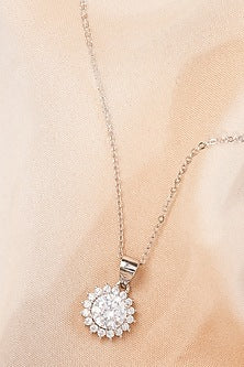 White Finish Zircon Floral Pendant Necklace In Sterling Silver