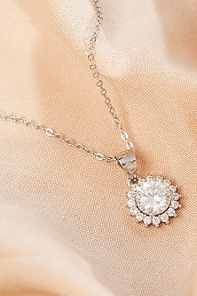 White Finish Zircon Floral Pendant Necklace In Sterling Silver
