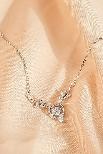 White Finish Zircon Deer Pendant Necklace In Sterling Silver