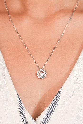 White Finish Zircon Knotted Pendant Necklace In Sterling Silver