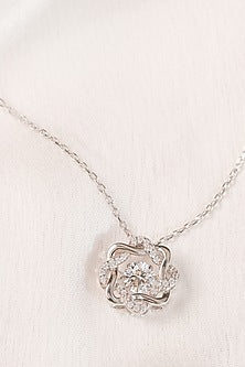 White Finish Zircon Knotted Pendant Necklace In Sterling Silver