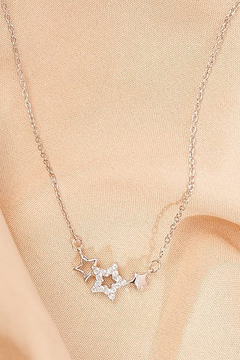White Finish Zircon Star Pendant Necklace In Sterling Silver