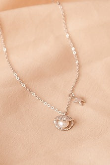 White Finish Zircon & Shell Pearl Pendant Necklace In Sterling Silver