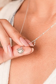 White Finish Zircon & Shell Pearl Pendant Necklace In Sterling Silver