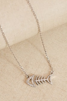 White Finish Zircon Fish Pendant Necklace In Sterling Silver