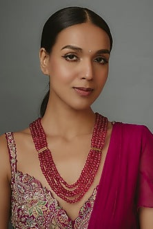 Gold Finish Ruby Beaded Layered Necklace