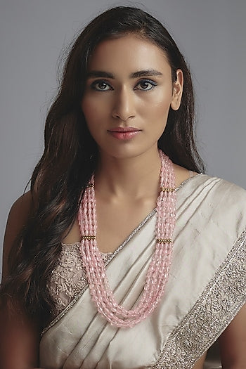 Gold Finish Pink Beaded Layered Necklace