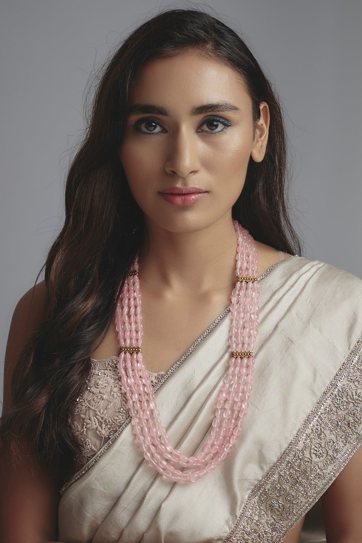 Gold Finish Pink Beaded Layered Necklace