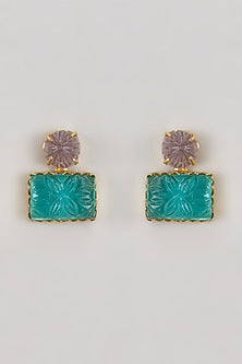 Gold Finish Carved Rama Green Stone Dangler Earrings