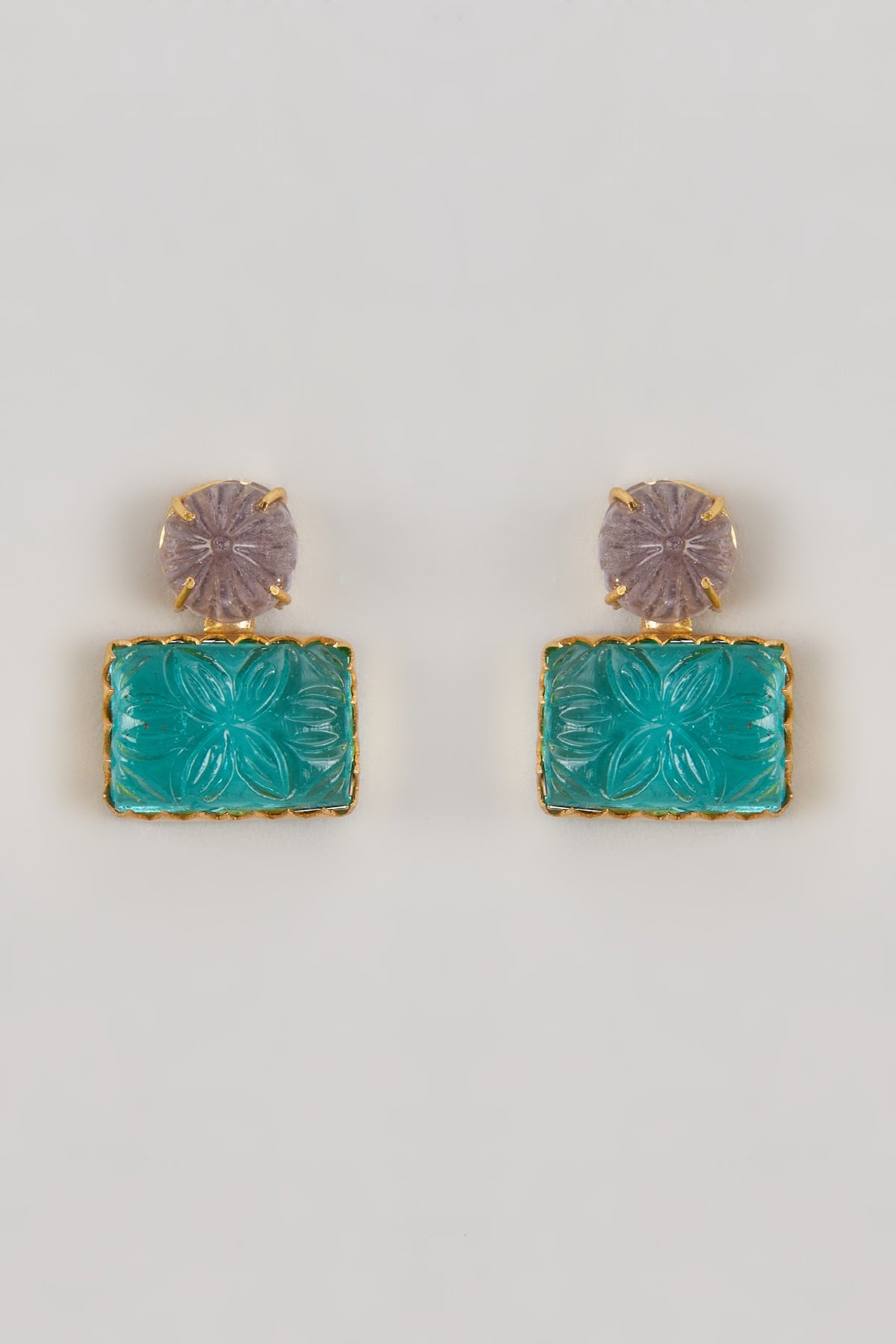 Gold Finish Carved Rama Green Stone Dangler Earrings