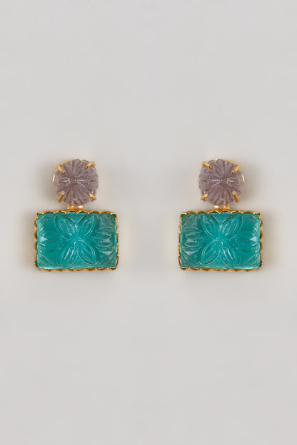 Gold Finish Carved Rama Green Stone Dangler Earrings