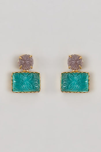 Gold Finish Carved Rama Green Stone Dangler Earrings