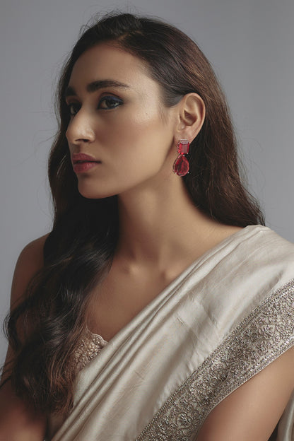 White Finish Synthetic Ruby Stone Dangler Earrings