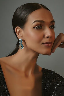 White Finish Synthetic Aqua Stone Dangler Earrings