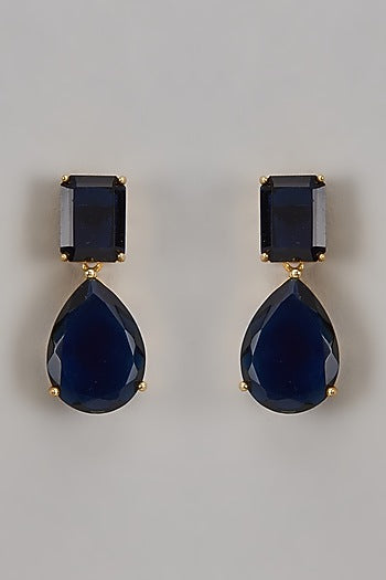 Gold Finish Synthetic Blue Stone Dangler Earrings