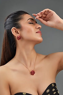 Gold Finish Ruby Synthetic Stone Pendant Necklace Set