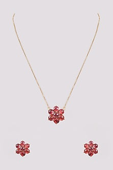 Gold Finish Ruby Synthetic Stone Pendant Necklace Set