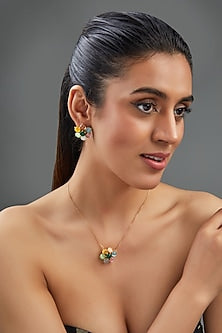 Gold Finish Multi-Colored Synthetic Stone Pendant Necklace Set