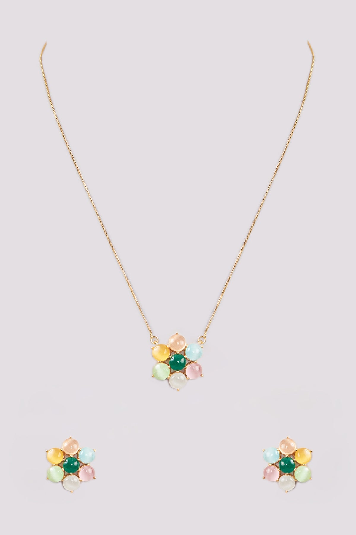 Gold Finish Multi-Colored Synthetic Stone Pendant Necklace Set