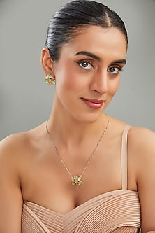White Finish Multi-Colored Synthetic Stone Pendant Necklace Set