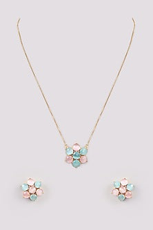 Gold Finish Multi-Colored Synthetic Stone Pendant Necklace Set