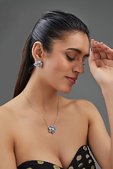 White Finish Multi-Colored Synthetic Stone Pendant Necklace Set