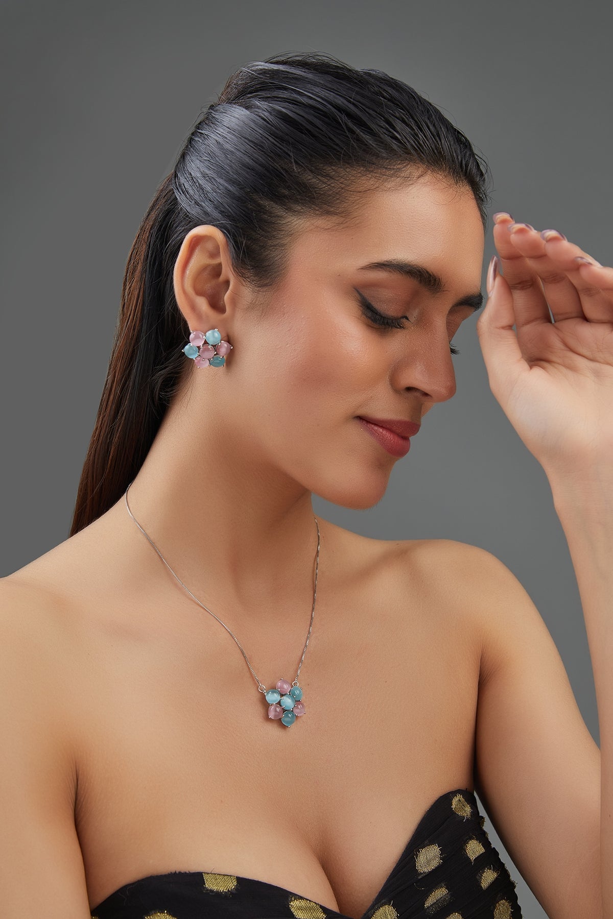 White Finish Multi-Colored Synthetic Stone Pendant Necklace Set