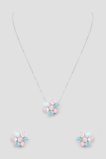 White Finish Multi-Colored Synthetic Stone Pendant Necklace Set
