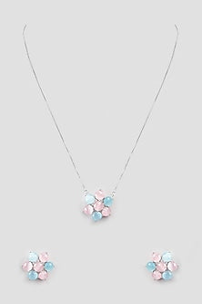 White Finish Multi-Colored Synthetic Stone Pendant Necklace Set