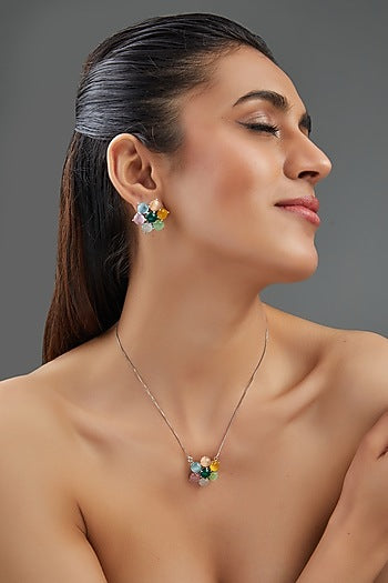 White Finish Multi-Colored Synthetic Stone Pendant Necklace Set