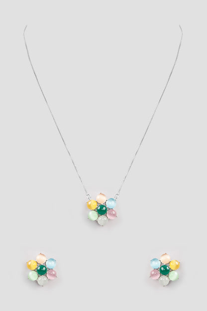 White Finish Multi-Colored Synthetic Stone Pendant Necklace Set