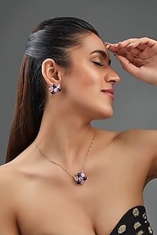 White Finish Multi-Colored Synthetic Stone Pendant Necklace Set