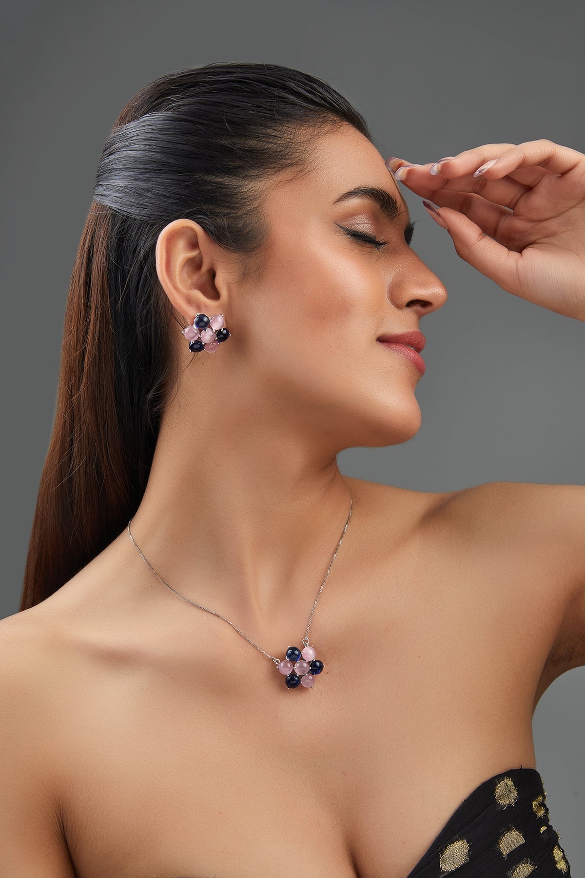 White Finish Multi-Colored Synthetic Stone Pendant Necklace Set