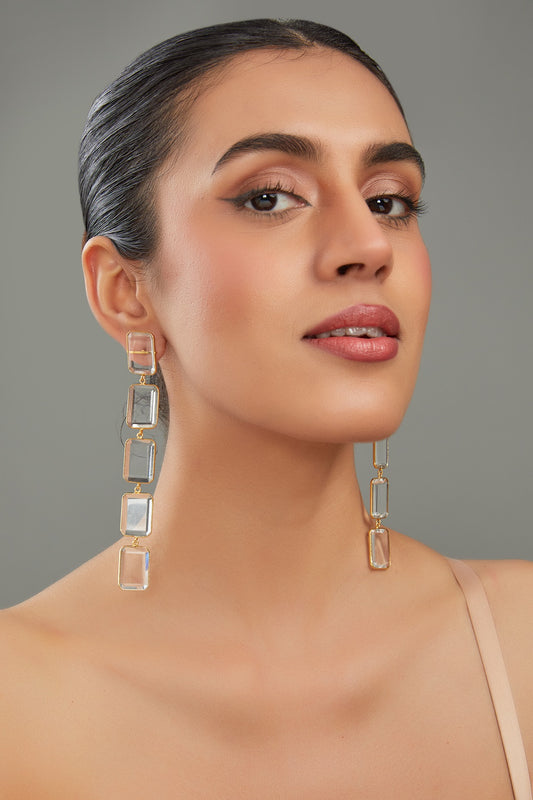 Gold Finish White Synthetic Stone Dangler Earrings