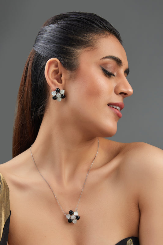 White Finish Multi-Colored Synthetic Stone Pendant Necklace Set