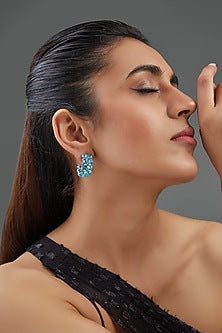 White Finish Aqua Synthetic Stone Hoop Earrings