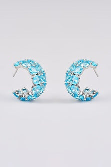 White Finish Aqua Synthetic Stone Hoop Earrings