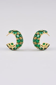 Gold Finish Emerald Synthetic Hoop Earrings