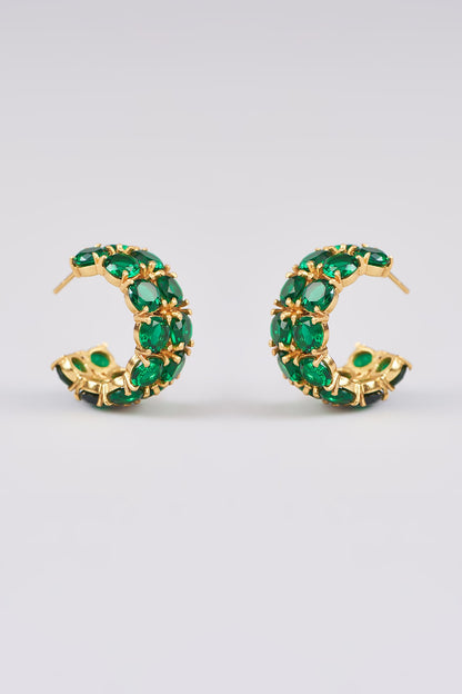 Gold Finish Emerald Synthetic Hoop Earrings