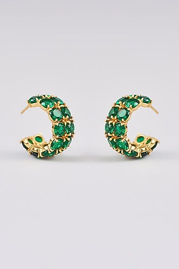 Gold Finish Emerald Synthetic Hoop Earrings