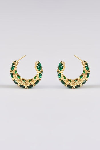 Gold Finish Emerald Synthetic Hoop Earrings