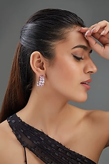 White Finish Pink Synthetic Stone Hoop Earrings