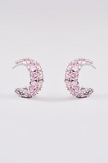 White Finish Pink Synthetic Stone Hoop Earrings