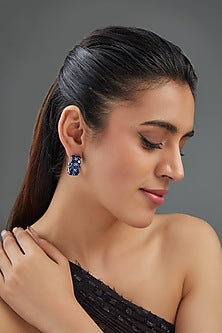 White Finish Blue Synthetic Stone Hoop Earrings