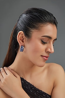White Finish Blue Synthetic Stone Hoop Earrings