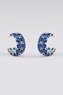White Finish Blue Synthetic Stone Hoop Earrings