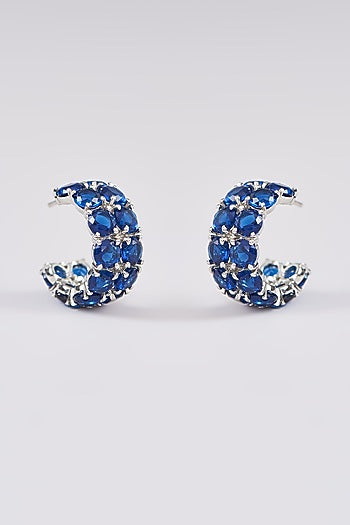 White Finish Blue Synthetic Stone Hoop Earrings