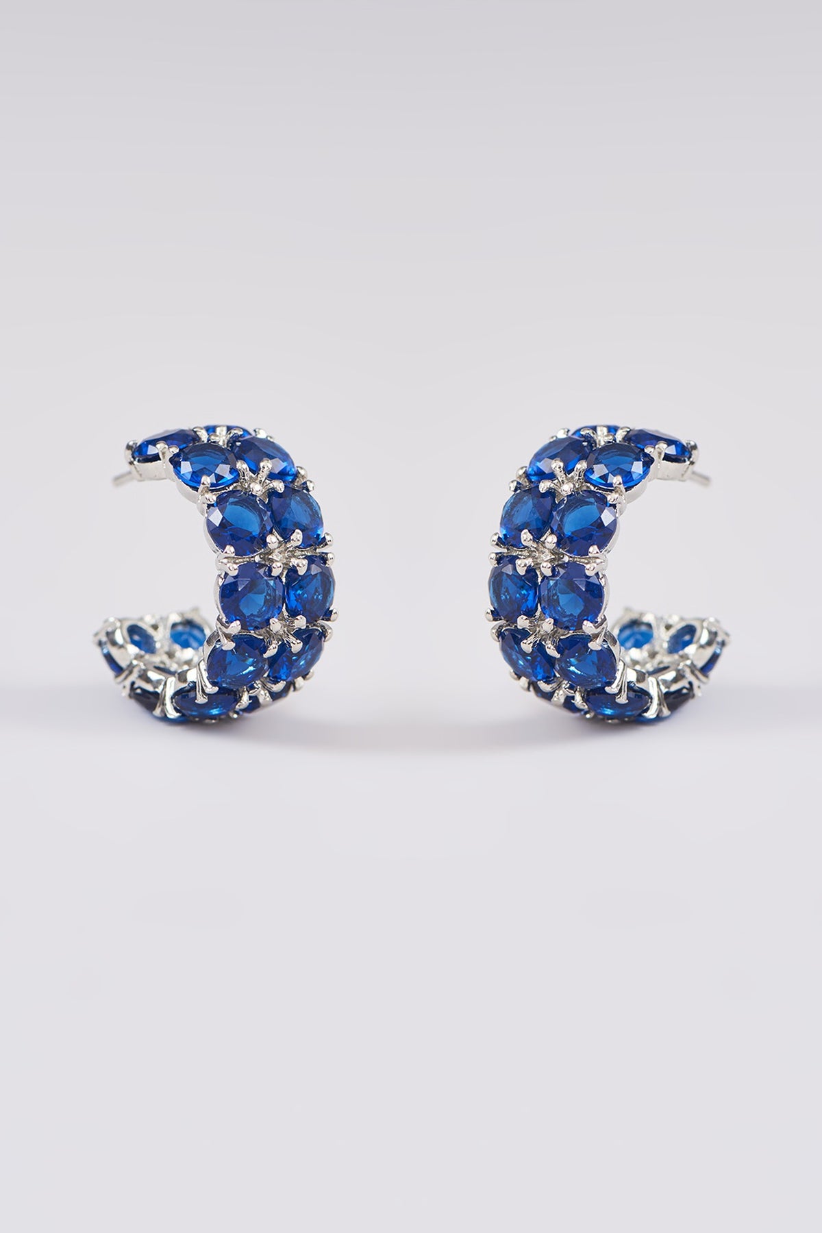 White Finish Blue Synthetic Stone Hoop Earrings
