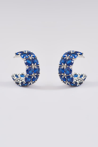 White Finish Blue Synthetic Stone Hoop Earrings